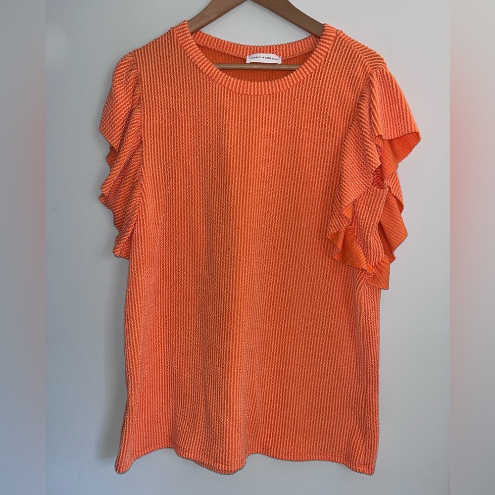 Lovely Melody Coral-Orange Ruffle Sleeve Knit Top